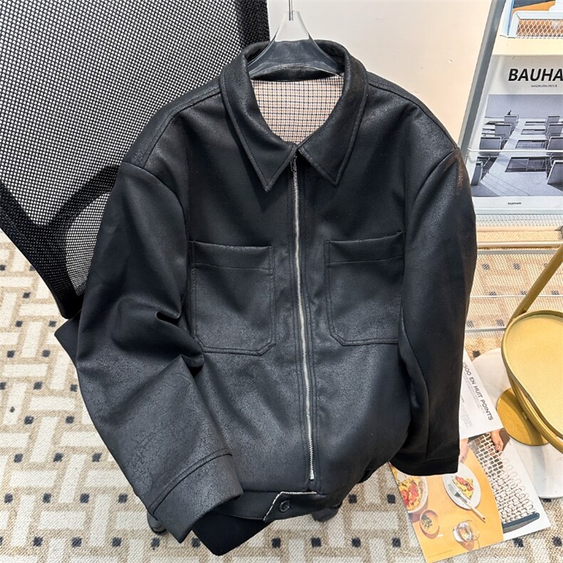 JK8563-P77 霜冻裂纹千鸟格内里PU皮猎装皮衣夹克男Cleanfit潮牌图片