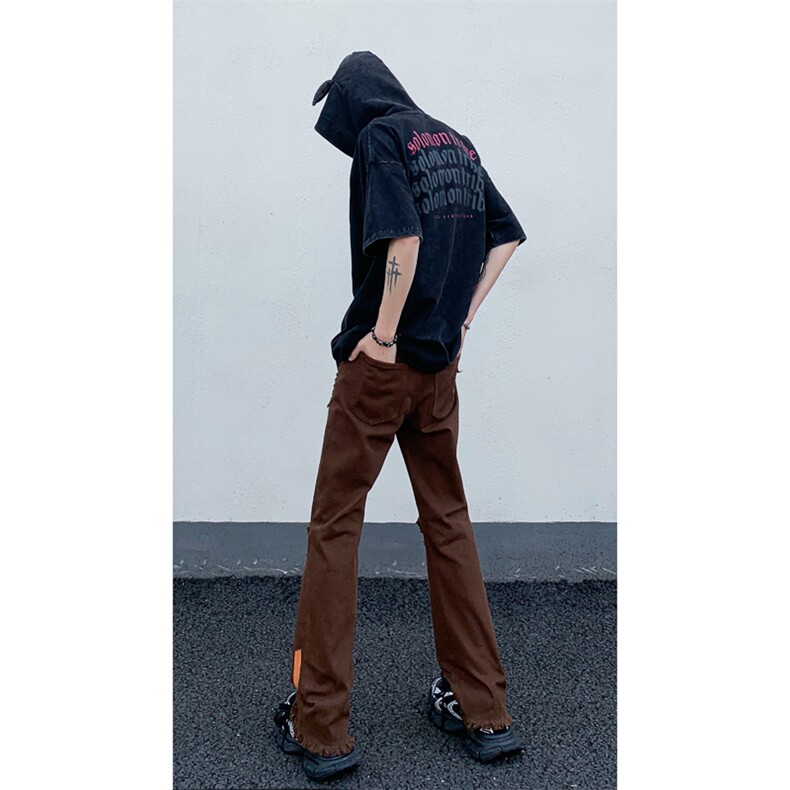 B221美式ins高街暗黑喷墨休闲破洞微喇牛仔裤LK23088-P65控88,男装牛仔裤,电商B221