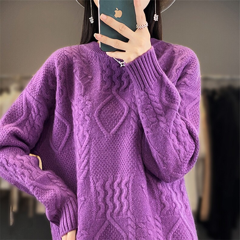 澳毛重磅绞花女士羊毛衫圆领纯色时尚,女装羊毛衫,莺澜羊绒