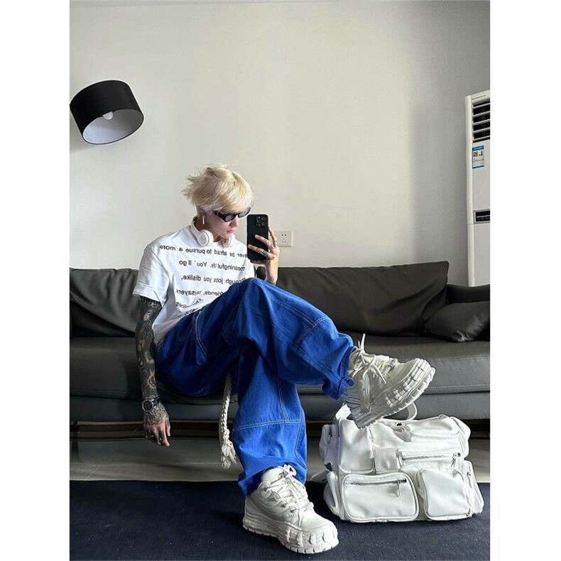 设计款蓝粉色抽绳工装高腰宽松直筒阔腿裤BK2314-P70控98，男装休闲裤，星座1002-1