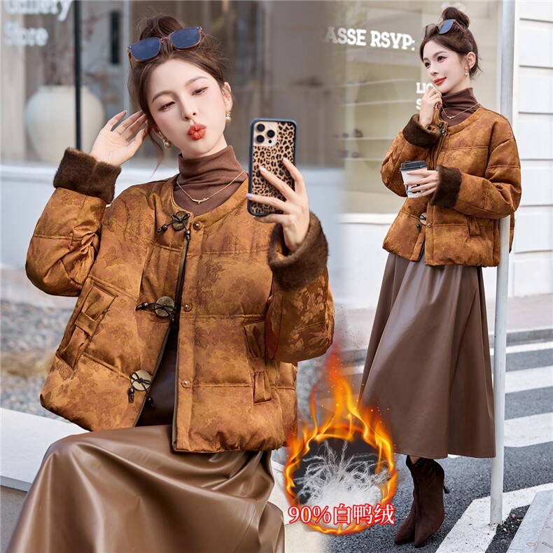 【bao款新年战袍】2025冬装新款仿貂毛提花羽绒服外套含90%白鸭绒,女装羽绒服,雅静靓衣