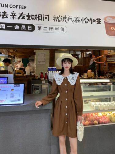 秋季新款娃娃领修身A版连衣裙，女装连衣裙，尹谜