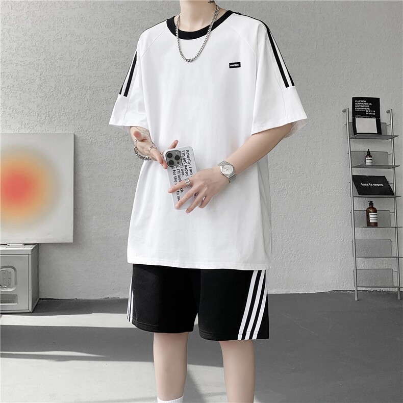 三条杠织带短袖T恤短裤五分裤套装上衣棉 P28 裤子棉56% P25图片
