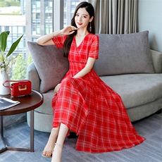 南油高货清仓！格纹短袖连衣裙女夏日多巴胺穿搭收腰显白A字长裙，女装连衣裙，韩美纤衣