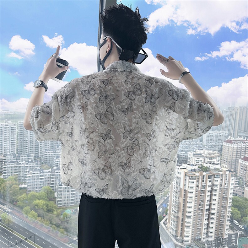 风立体花卉短袖衬衫流苏碎花薄款镂空透视衬衫CS696-P58,男装衬衫,电商A368