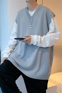 韩版潮流港风休闲无袖针织衫男2024秋季新款背心A161-2-MJ01-P40图片