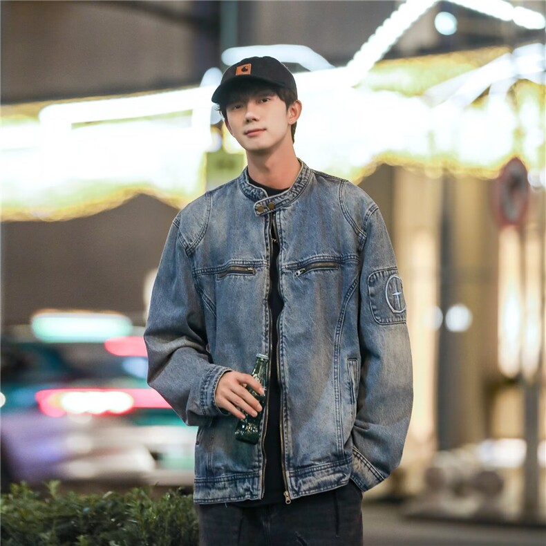 做旧水洗质感宽松牛仔外套男立领拉链潮牌刺绣机车夹克男A043/P85,男装夹克,星座506