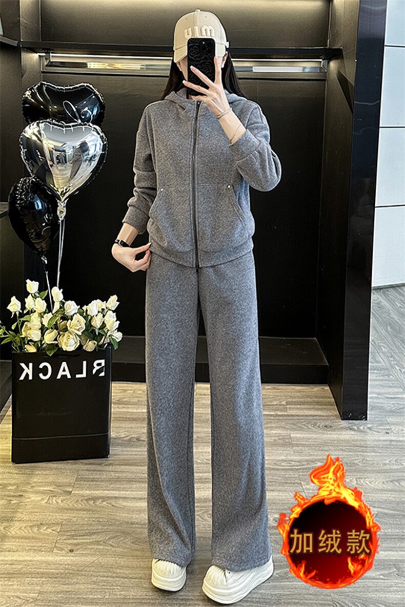 设计感纯色拼接收腰卫衣阔腿裤两件套,女装套装/套裙,江南