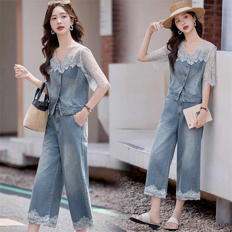 欧货时尚牛仔套装女夏新款韩系时髦洋气蕾丝拼接外套阔腿裤两件套，女装套装/套裙，依路服饰