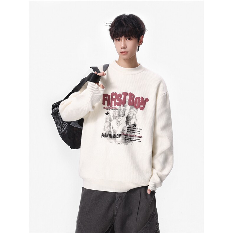 25秋冬印花新款图案圆领毛衣男百搭宽松打底针织衫705-1-Y801-P50，男装T恤，星座705-1