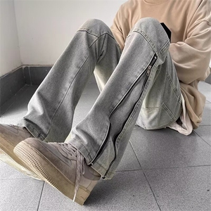 美式微喇牛仔裤子男小众设计感水洗做旧复古拼接直筒宽松百搭长裤图片
