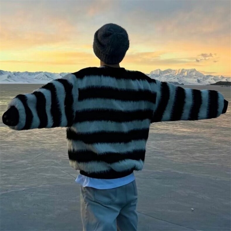 韩系慵懒风毛衣男黑白条纹cleanfit高级感马海毛美式复古冬针织衫,男装针织衫/毛衣,星座603-2