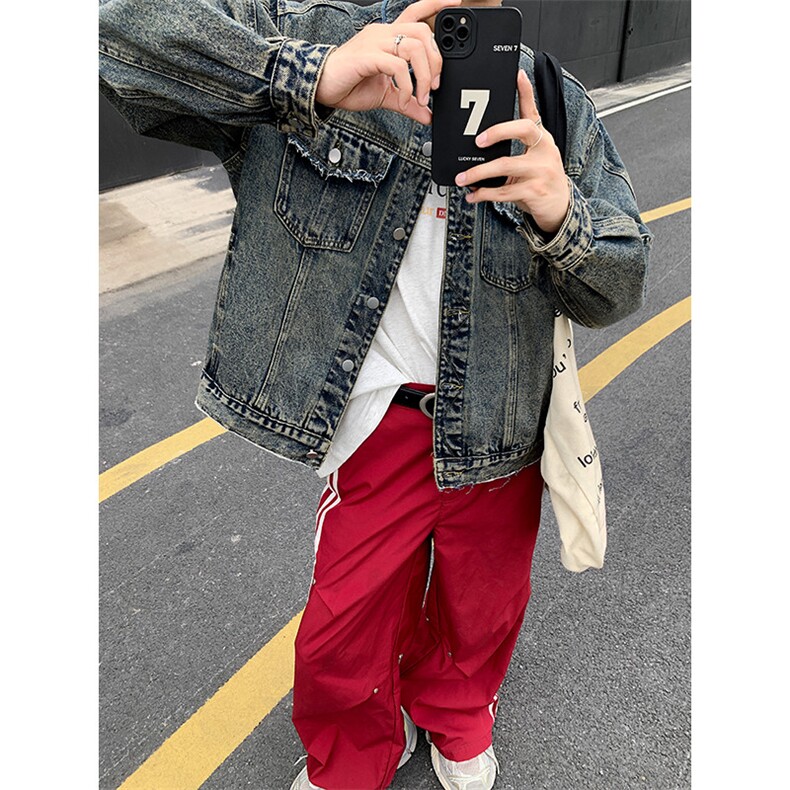 美式复古水洗牛仔外套男潮牌春秋宽松休闲痞帅翻领工装口袋夹克衫,男装夹克,星座410-6（原星座1304-1）
