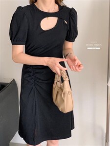 香丽迪2022年夏季新款拼接连衣裙女针织短袖圆领修身高腰图片