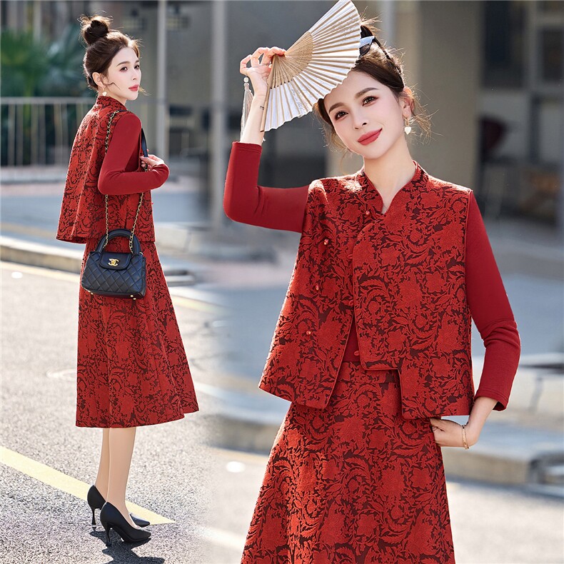 2026年春季新款女装时尚气质新中式提花三件套婚礼红色晚宴会礼服，女装套装/套裙，关键词