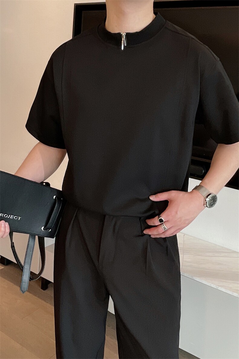 夏季纯色半拉链高级短袖T恤男士设计宽松圆领半袖体恤TX1222-P48,男装T恤,电商B267