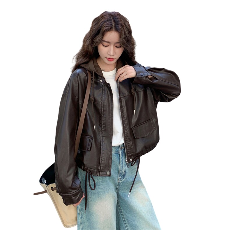 美式咖色针织连帽机车服短外套女春秋超火好看高级小众皮夹克上衣,女装皮衣,2C177