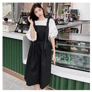 bf网红文艺套装裙女夏新款显瘦工装泡泡袖减龄上衣背带收腰两件套,女装连衣裙,潮品会