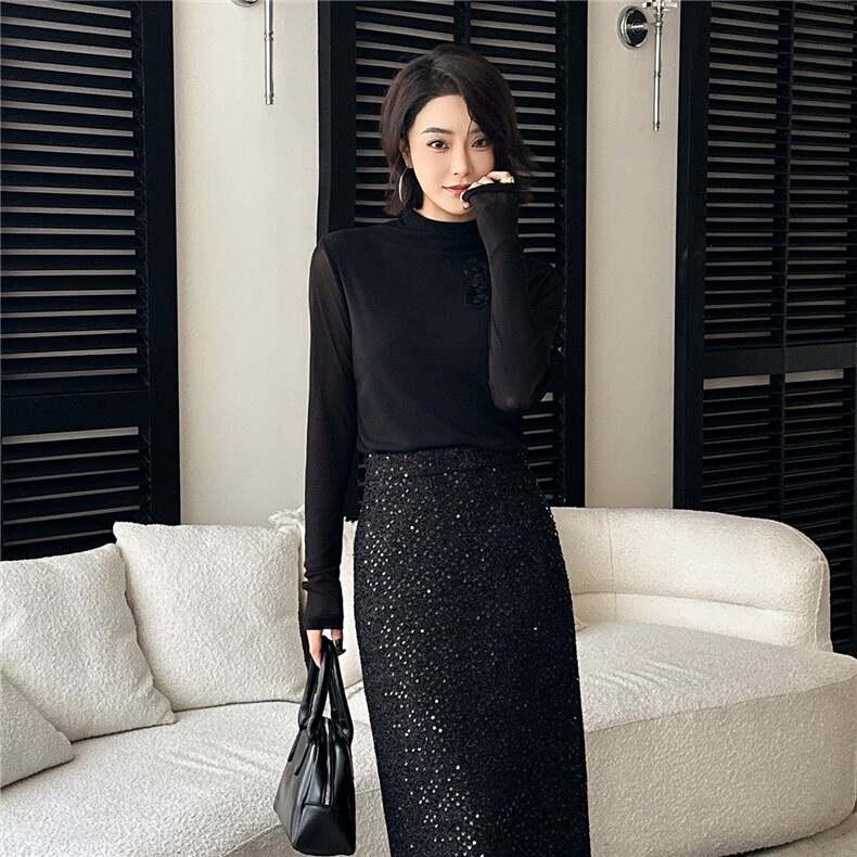 2025秋冬新款百搭中领手工钉花网纱打底衫长袖上衣小衫,女装蕾丝衫/雪纺衫,2C091
