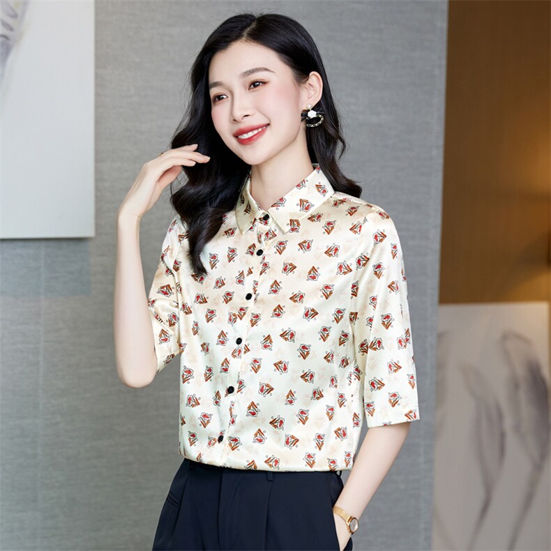 夏装真丝衬衫女士短袖桑蚕丝衬衣上衣花色半袖中袖宽松大码妈妈装，女装衬衫，阿舍尔精品