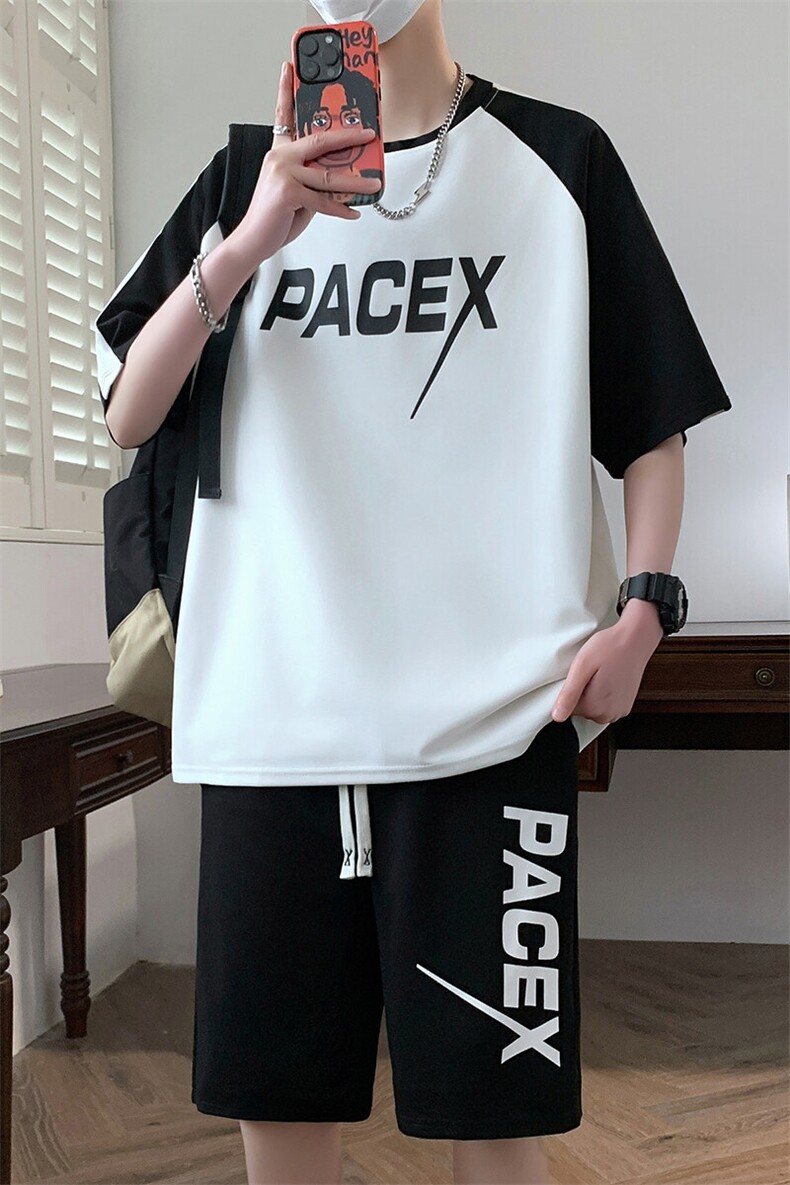 港风套装男休闲宽松冰丝青年圆领短袖T恤短裤两件套-JZ6209-P38,男装牛仔裤,星座310B-3