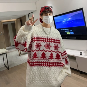 日系复古菱格麻花圣诞红色毛衣男情侣冬季慵懒风套头针织衫上衣图片
