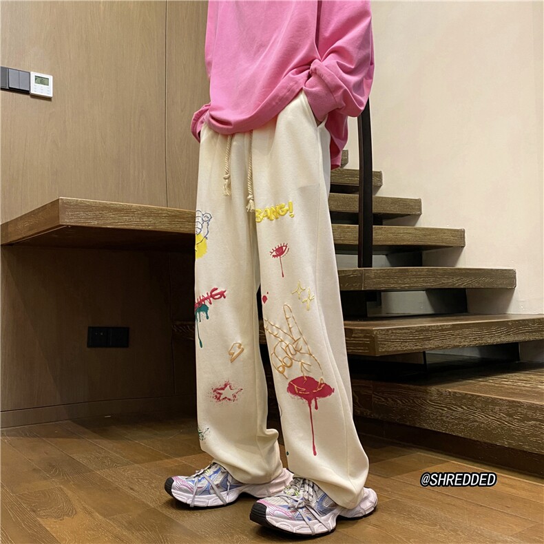 秋季新款美式潮流泼墨发泡印花多色宽松卫裤B315-K23411-p50控68,男装休闲裤,电商B315