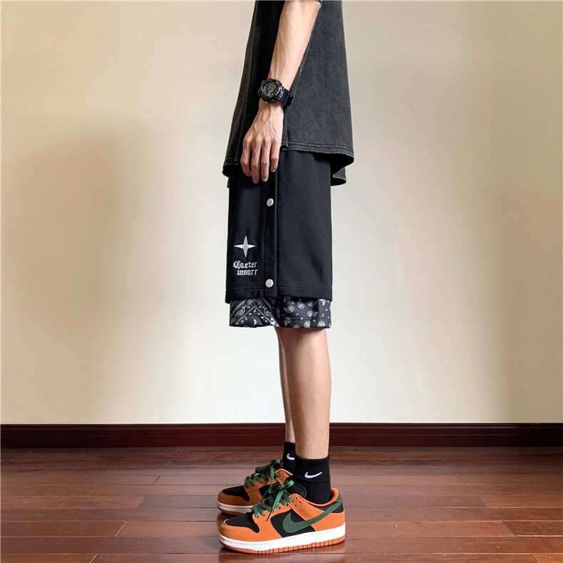 新款排扣腰果花假两件刺绣短裤大码M~5XL　XZ604-DK800-P45控58,男装牛仔裤,星座604