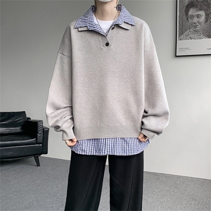 美式复古假两件翻领毛衣男新款长袖拼接上衣羊毛衫外套 MY1233P65图片