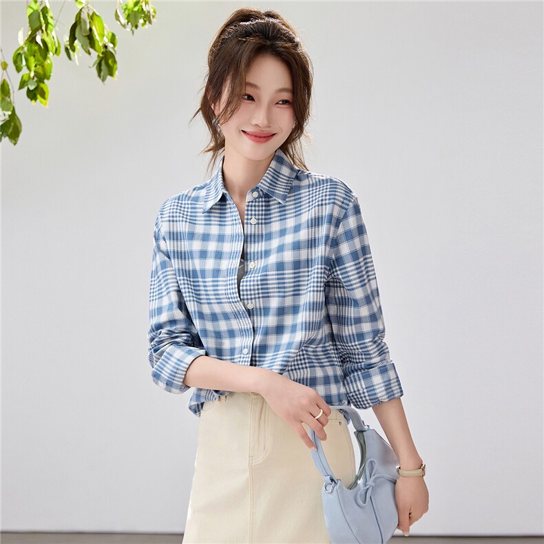 2026春夏新款蓝白格纹衬衫女学院风宽松慵懒风叠穿衬衣透气纯棉图片