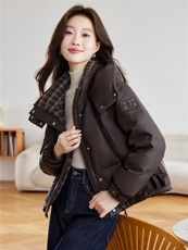 现货！免洗PU皮羽绒服女2025冬季新款小个子时尚格子拼接外套，女装羽绒服，沐七七