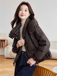 现货！免洗PU皮羽绒服女2025冬季新款小个子时尚格子拼接外套图片