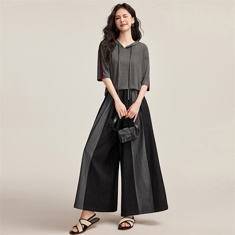 新款通勤休闲松弛感原创设计百搭针织上衣+拼色阔腿牛仔裤套装女，女装套装/套裙，宝儿家