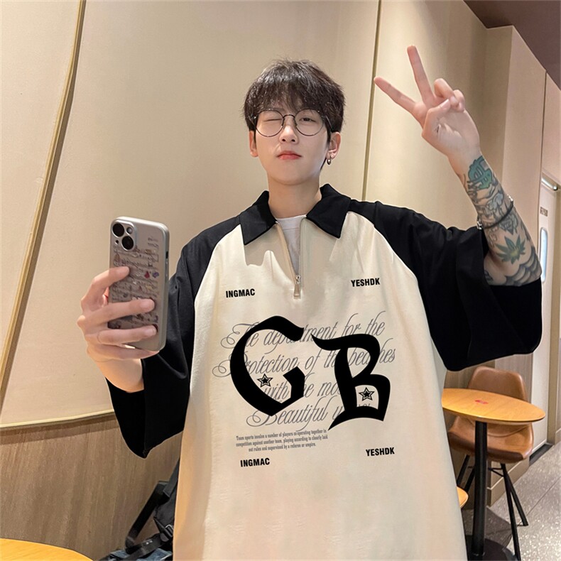 港风重磅全棉撞色插肩袖polo衫短袖男T恤XGP3214-P45控78图片