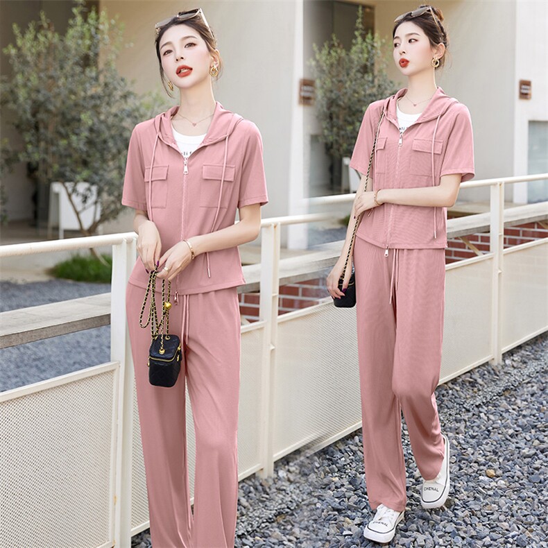 张文雅昂大码休闲运动套装女夏季胖MM短袖连帽拉链卫衣卫裤两件套，女装套装/套裙，依如秀(原杭风阁)