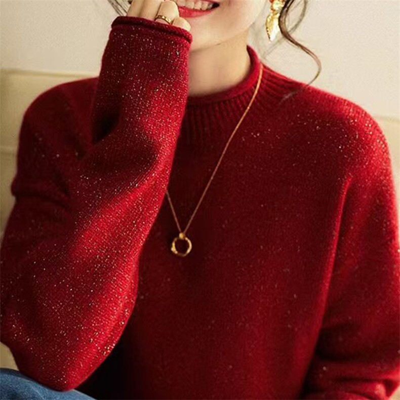 豆子纱七针加厚卷边半高打底针织衫2024年秋季,女装羊毛衫,唯若美羊绒