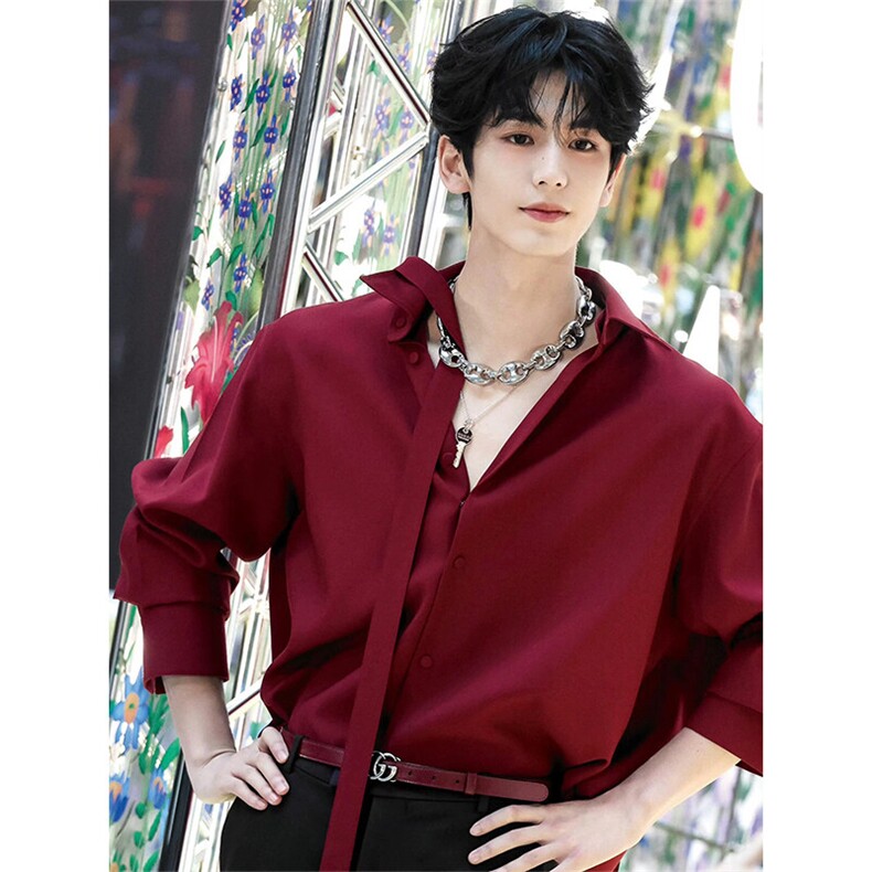 红色教父衬衫男款飘带丝绸缎面醋酸衬衣新中式冰丝垫肩禁欲系男装，男装衬衫，电商B288