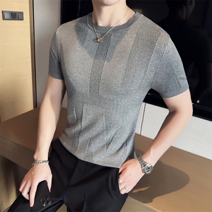 2024早秋新款修身圆领纯色提花针织衫毛衣打底衫男净版M05-p45图片