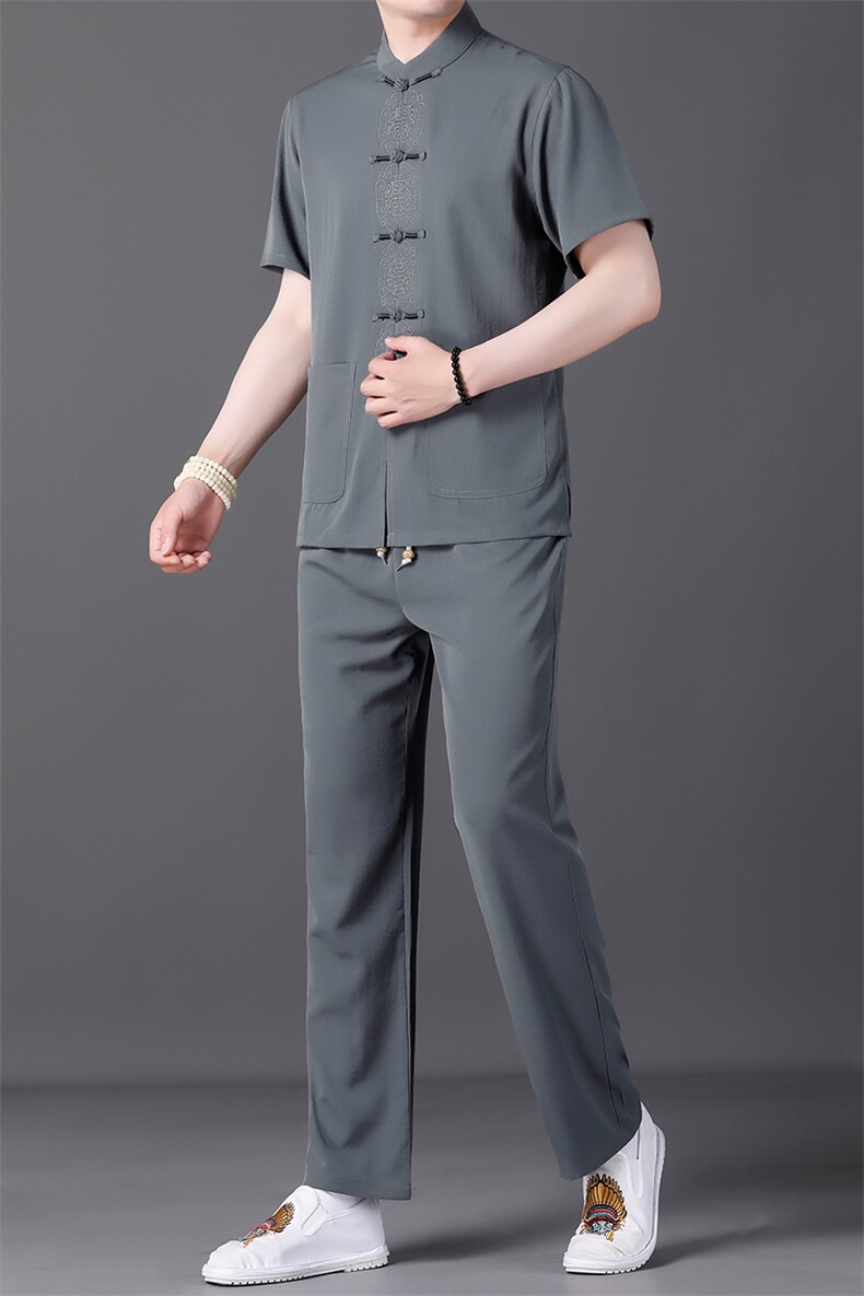 唐装男风两件套夏季中老年男士爸爸夏装短袖中式汉服刺绣盘扣,男装民族服装,电商B212（原钱塘6029）