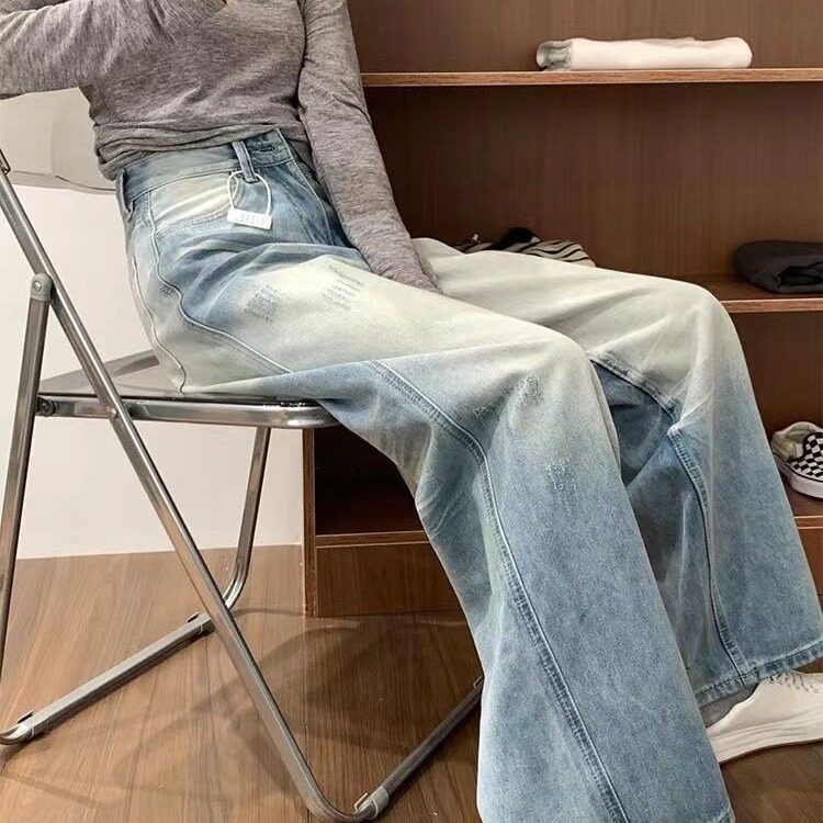 美式复古浅蓝色破洞牛仔裤男女情侣年春秋设计感直筒高腰阔腿裤,男装牛仔裤,星座506A