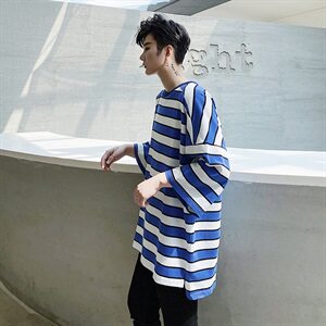 夏季宽松大码条纹T恤舒适落肩袖中长款潮T男款五分袖防晒D655P40图片