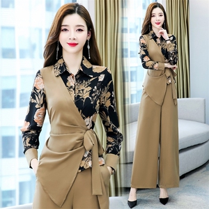 高端正品女装2024春季新款法式印花两件套修身显瘦套装裤图片
