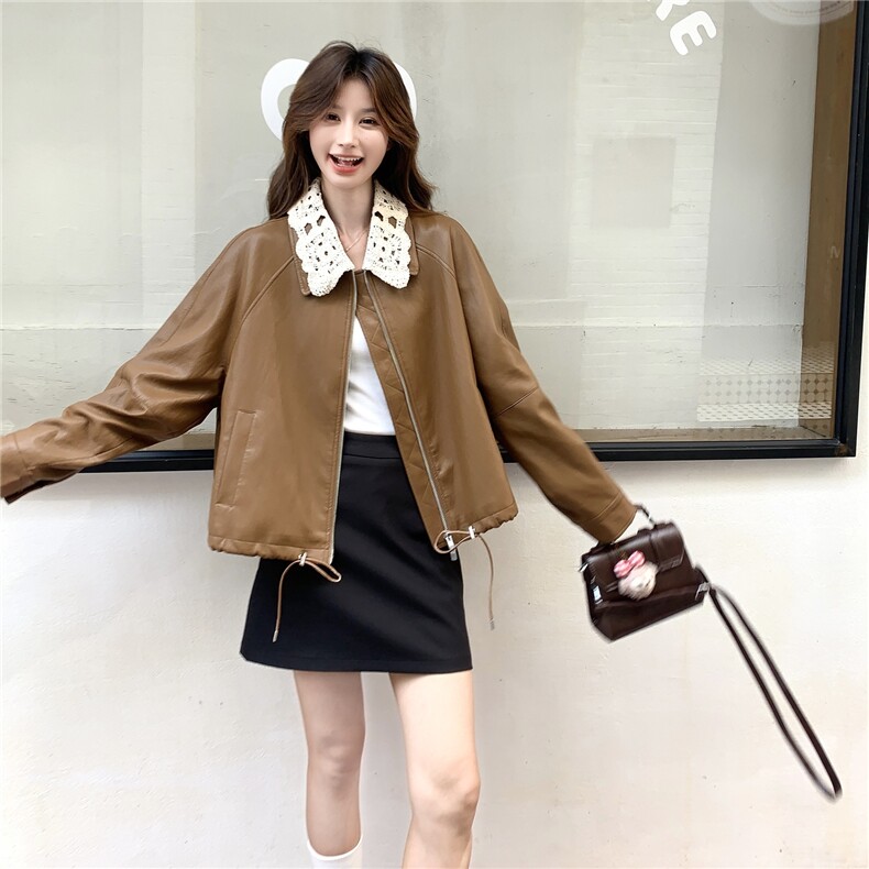 韩里韩气甜酷复古蕾丝拼接皮衣外套女2025春秋高级小众短夹克上衣，女装皮衣，维壹