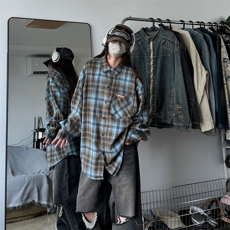 衬衫男春季新款港风宽松大码磨毛格子长袖衬衣CS618-P35，男装衬衫，星座214-3