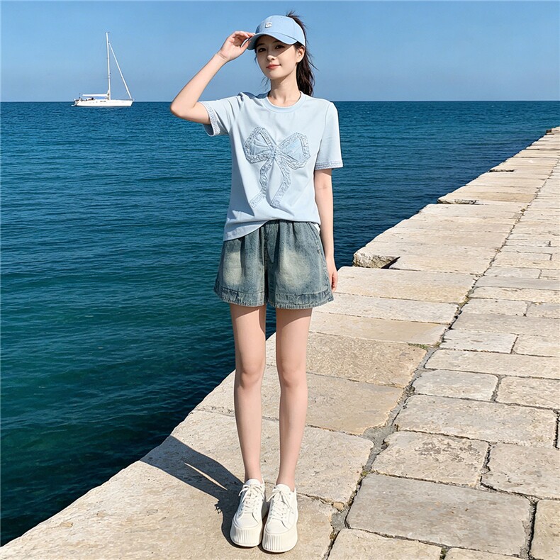 潮流时尚套装女夏新款圆领蕾丝拼接钉珠蝴蝶结短袖牛仔短裤两件套,女装套装/套裙,江南