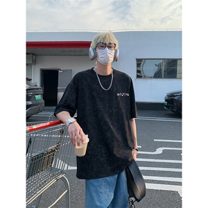 美式重磅做旧印花短袖t恤圆领宽松半袖情侣上衣T3667-特价P28图片
