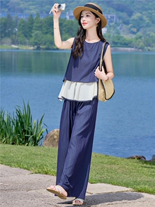 （新款现货）2026夏装时尚莱赛尔假两件上衣+阔腿裤套装两件套女图片