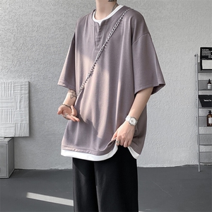 8XL-M重磅斜纹假两件短袖t恤男夏季薄款宽松大码半袖体恤DT006P45图片