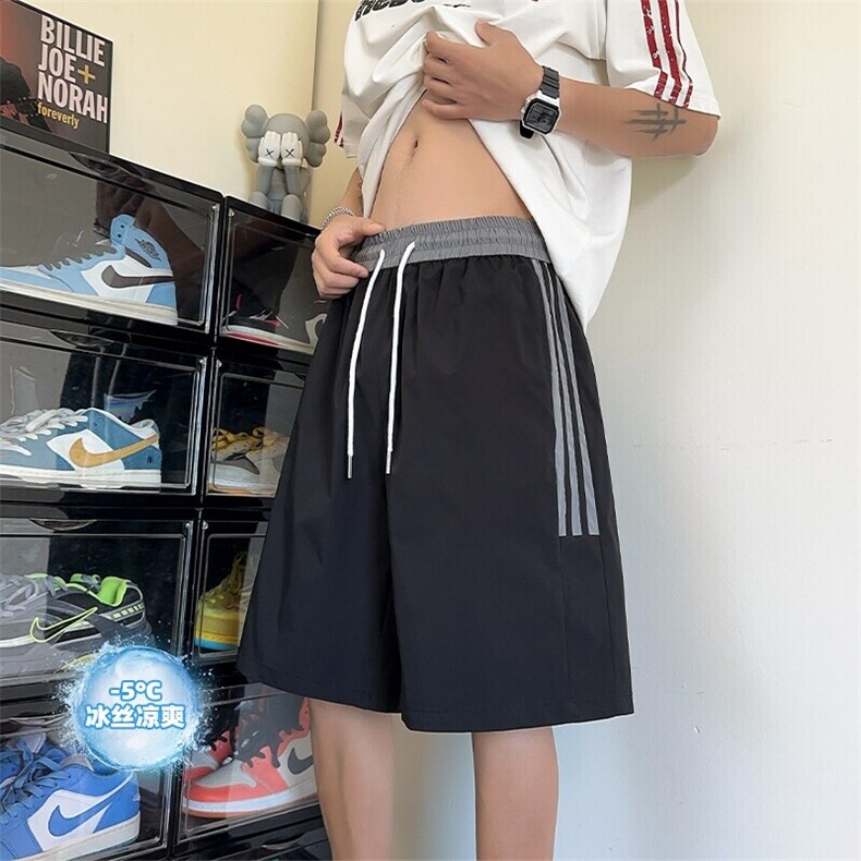 特批P23无差价夏季百搭三条杠腰部撞色凉感冰丝宽松短裤男DK5882图片