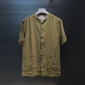 气质新款百搭流行新中式上衣藏青色亚麻短袖衬衫男潮流简约无品牌图片